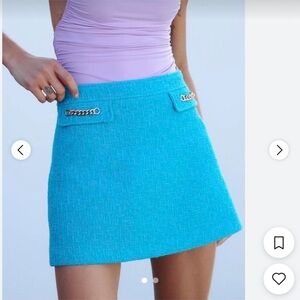 NWOT ZARA Chain Trim Tweed Mini Skirt Turquoise RARE